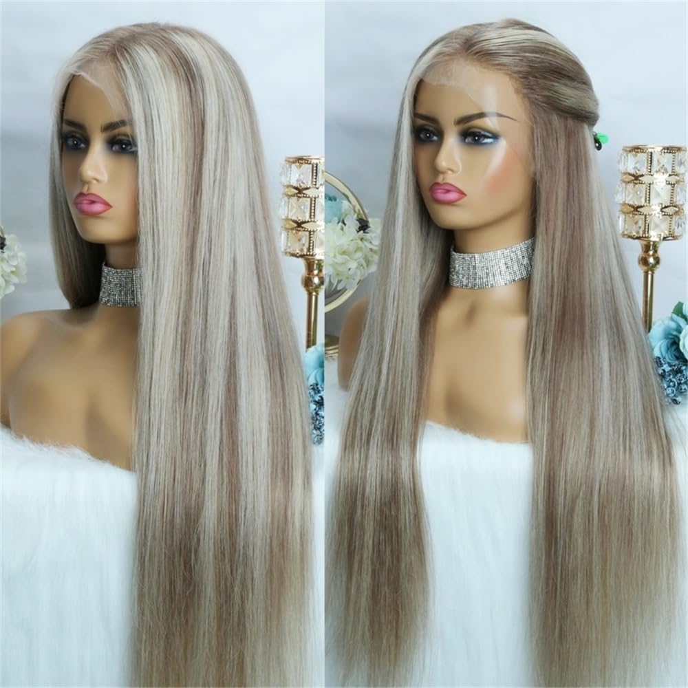 Perruques de cheveux Perruque Lace Front Wig naturelle lisse 13x6, cheveux humains, brun cendré, reflets, transparente(10inches)