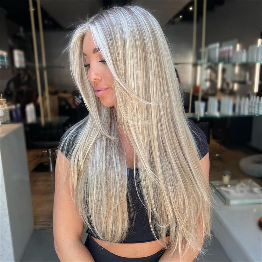Perruques de cheveux Perruque Lace Front Wig naturelle lisse 13x6, cheveux humains, brun cendré, reflets, transparente(10inches)
