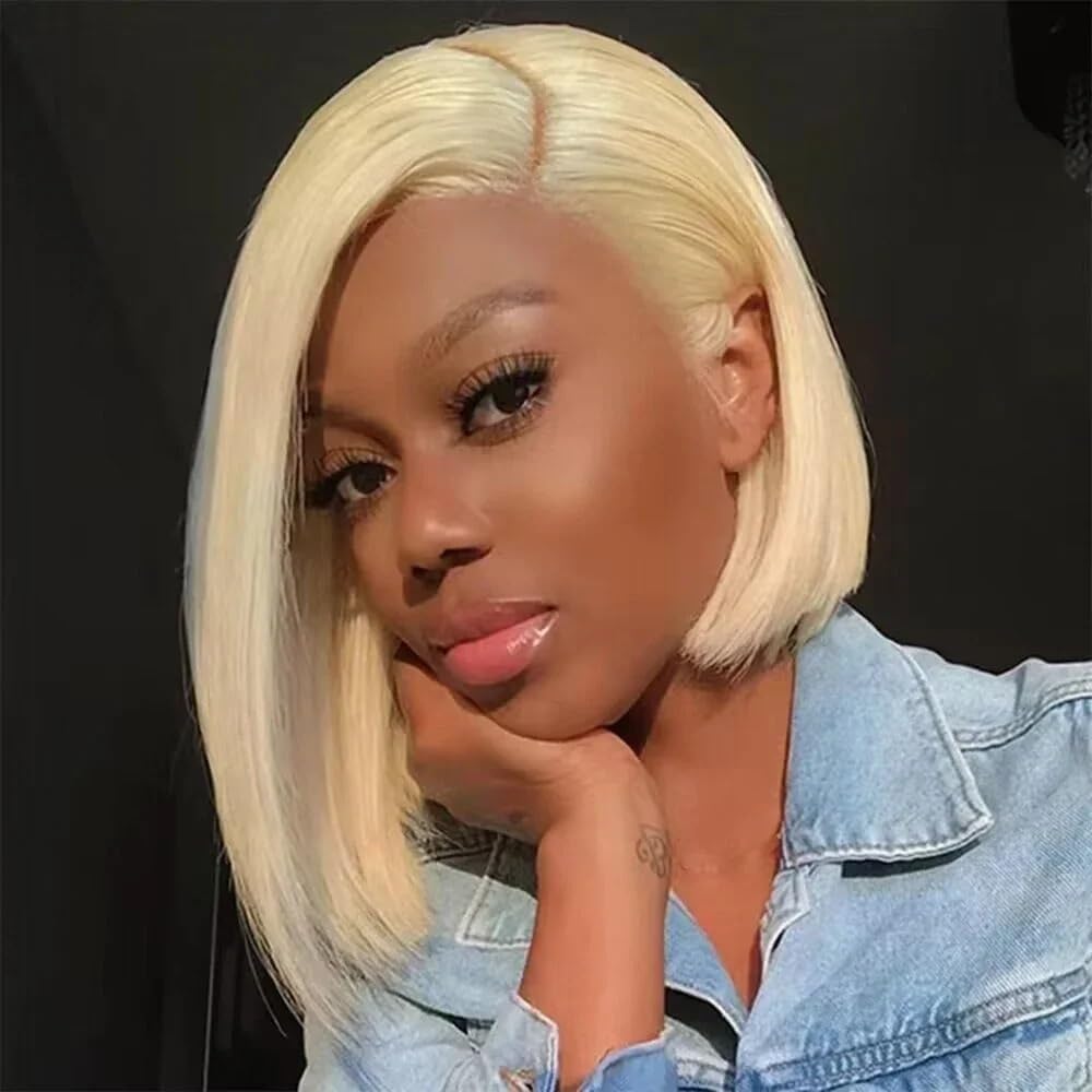 Perruques de cheveux Perruque courte et lisse style bob #613, 13x4, cheveux humains avec dentelle frontale, for femmes(8inches)