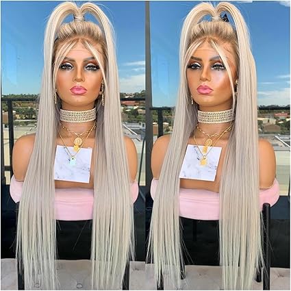 Perruques de cheveux Perruque Lace Front Wig longue et droite blonde cendrée platine avec racines brunes perruques synthétiques résistantes à la chaleur pré-plumées utilisation quotidienne