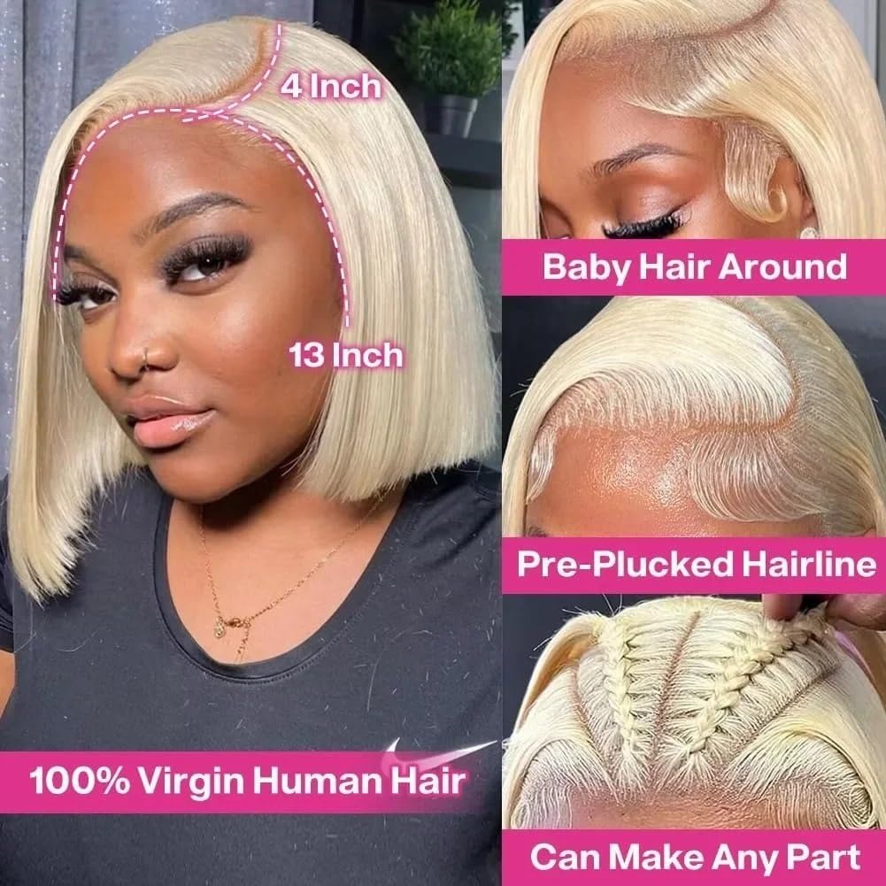 Perruques de cheveux Perruque courte et lisse style bob #613, 13x4, cheveux humains avec dentelle frontale, for femmes(8inches)