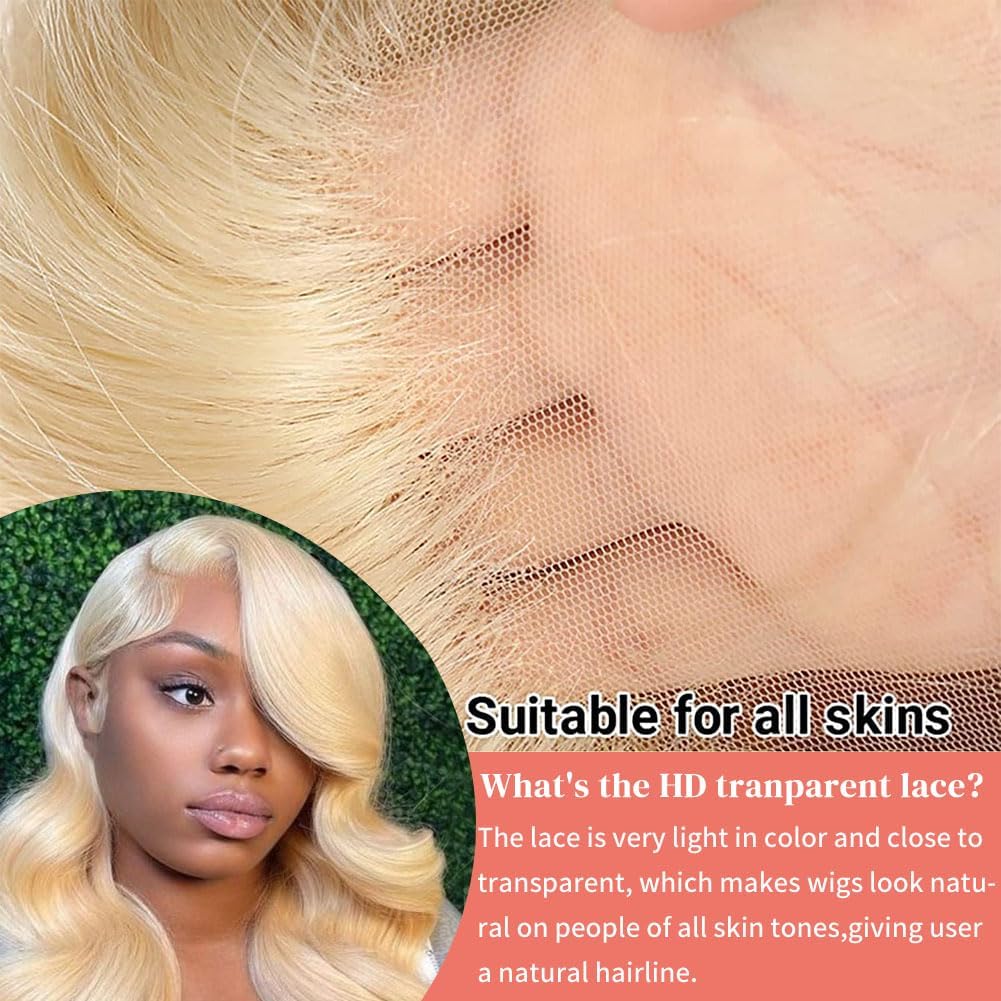 Perruque lace front 613 - Cheveux humains HD frontaux ondulés blonds pour femme - 33 x 15 cm - Sans colle - 71 cm
