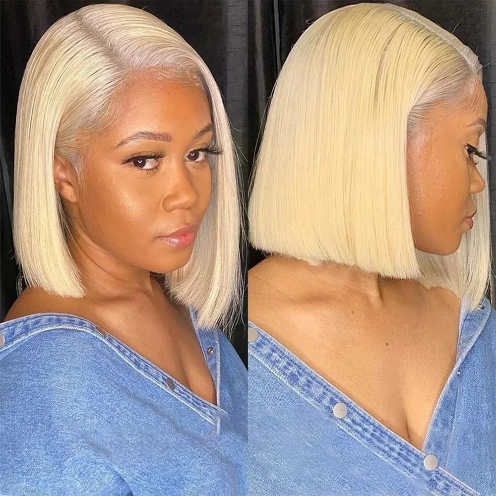 Perruques de cheveux Perruque courte et lisse style bob #613, 13x4, cheveux humains avec dentelle frontale, for femmes(8inches)