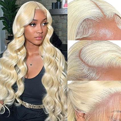 Perruque lace front 613 - Cheveux humains HD frontaux ondulés blonds pour femme - 33 x 15 cm - Sans colle - 71 cm