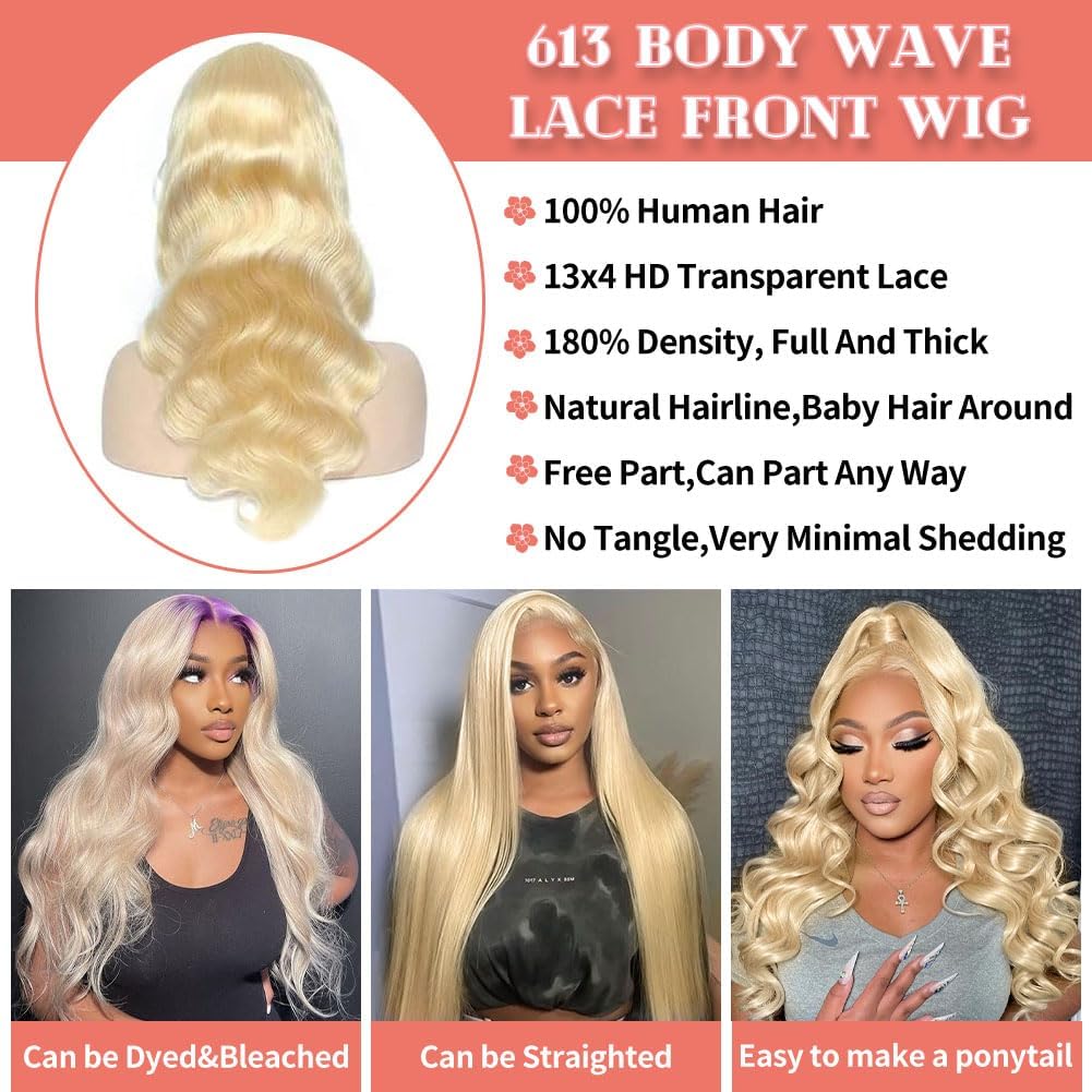 Perruque lace front 613 - Cheveux humains HD frontaux ondulés blonds pour femme - 33 x 15 cm - Sans colle - 71 cm