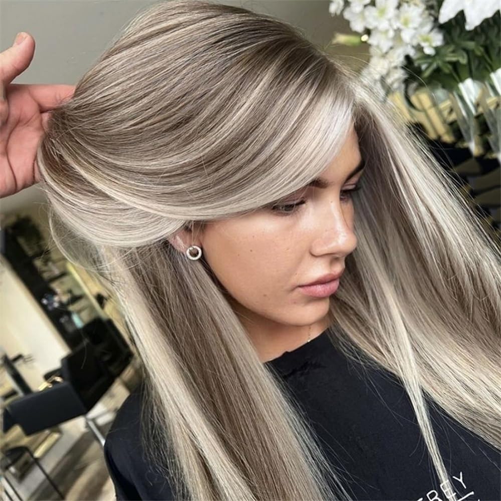 Perruques de cheveux Perruque Lace Front Wig naturelle lisse 13x6, cheveux humains, brun cendré, reflets, transparente(10inches)
