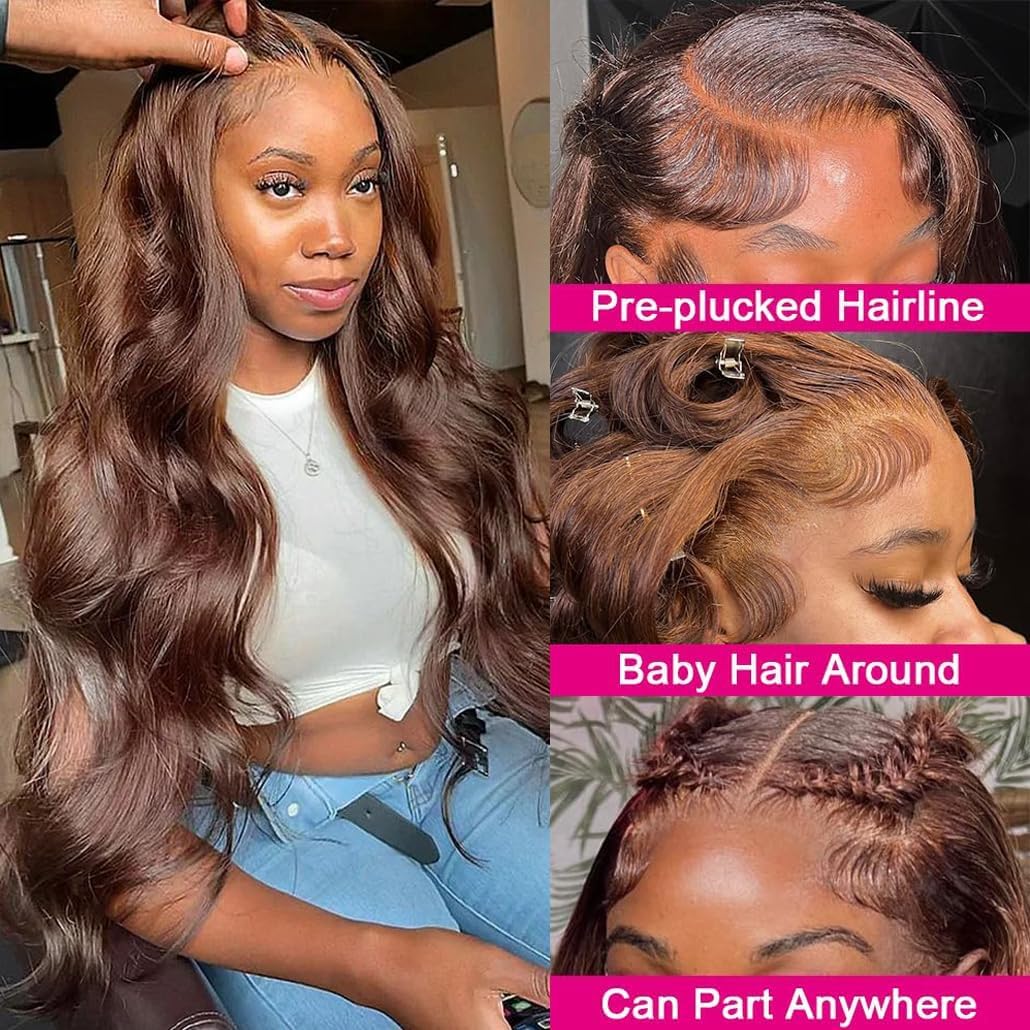 Perruque de cheveux humains bruns – 33 x 15,2 cm HD ondulés frontaux – 81,3 cm – Marron chocolat – Cheveux naturels sans colle pour femme – Densité 180