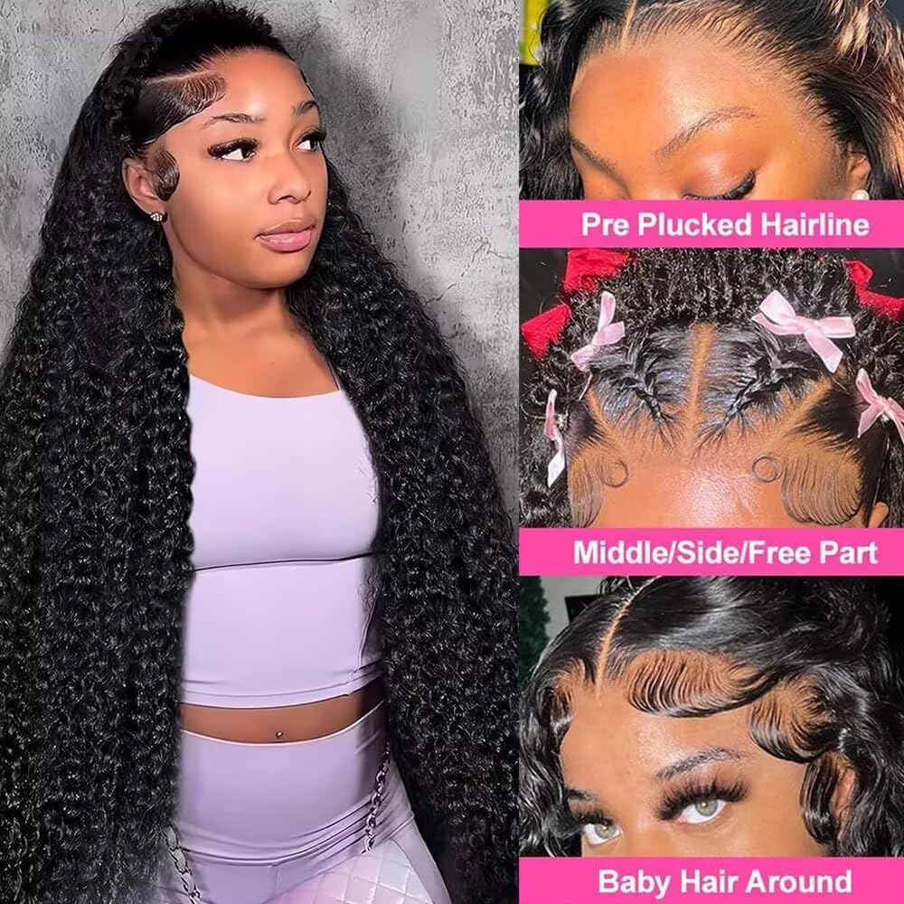 Perruque lace front HD 33 x 6 - Cheveux humains - 86,4 cm - Sans colle - Noir - Densité de 180 % - Pré-épilée