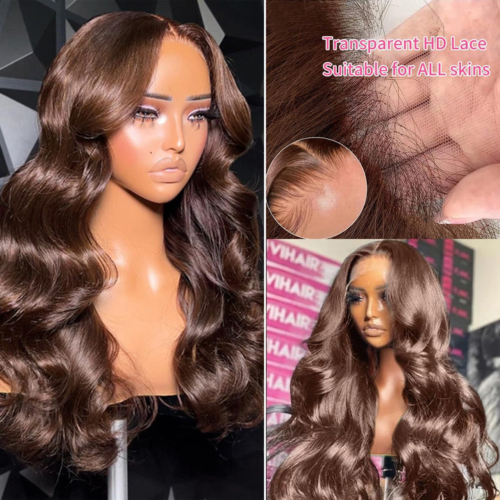 Perruque de cheveux humains bruns – 33 x 15,2 cm HD ondulés frontaux – 81,3 cm – Marron chocolat – Cheveux naturels sans colle pour femme – Densité 180
